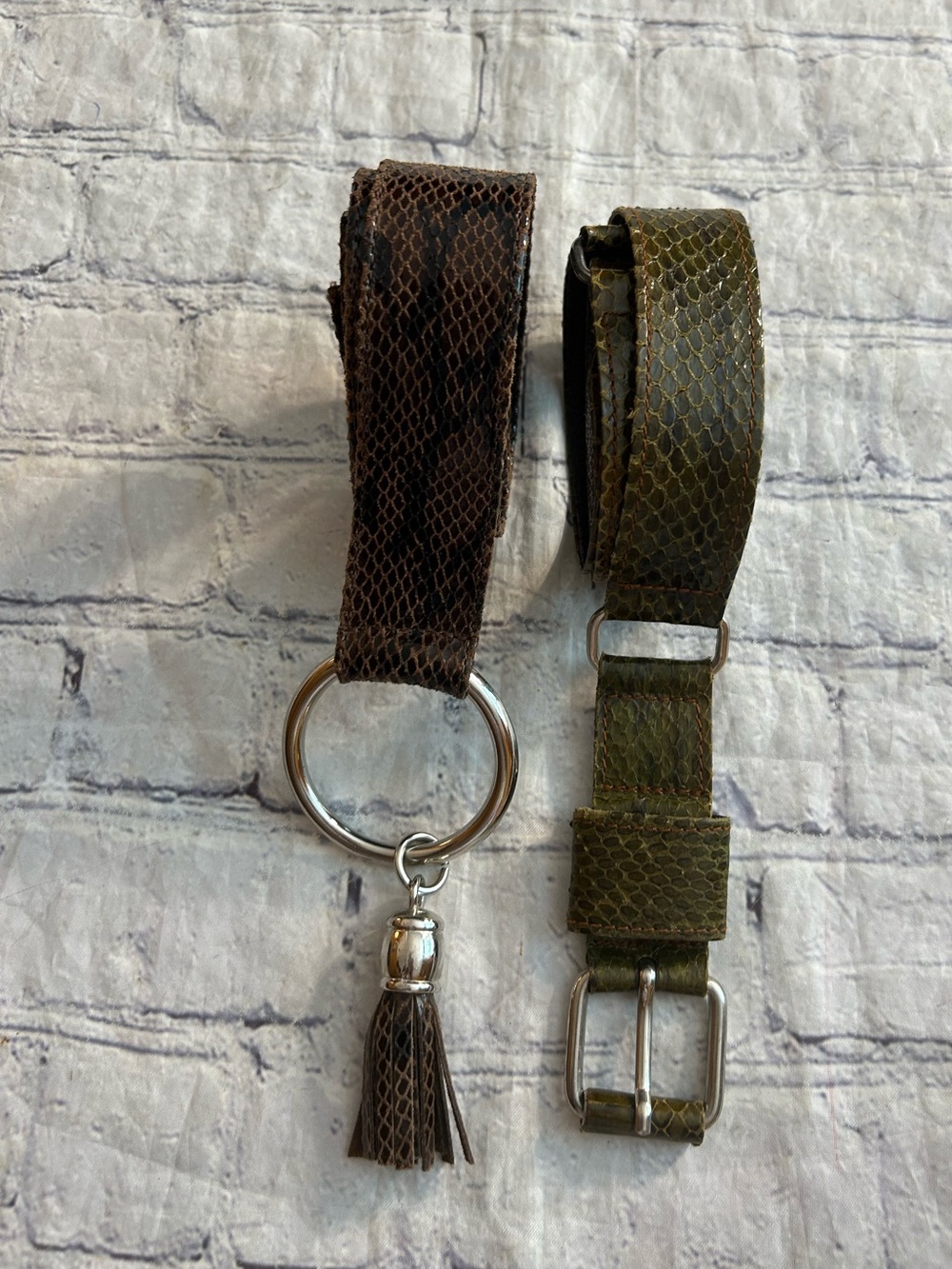 SNAKESKIN PRINT LOT OF (2) FUN BELTS SILVER TONE HARDWARE OLIVE AND BROWN